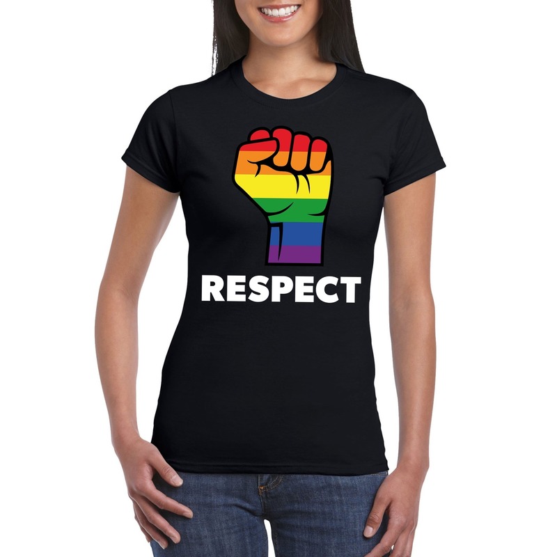 Respect LGBT shirt met regenboog vuist zwart dames
