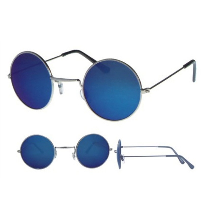Retro zonnebril zilver met ronde blauwe glazen voor volwassenen