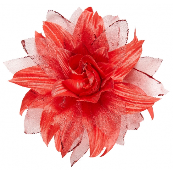 Rode haarbloem op clip met glitters 14 cm