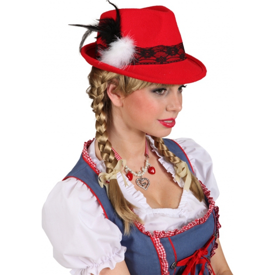 Rood Tiroler oktoberfest dames hoedje met kant