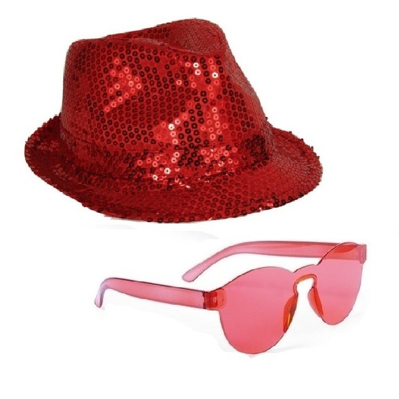 Rood trilby glitter party hoedje met rode zonnebril