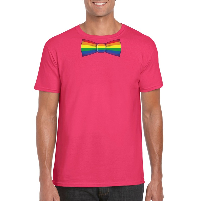 Roze t-shirt met regenboog vlag strikje heren