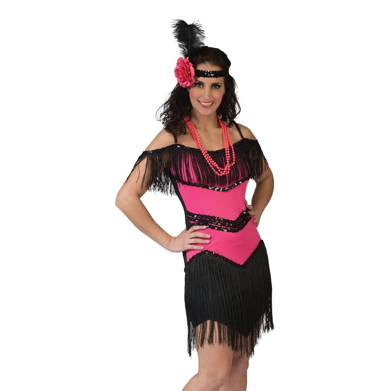 Roze/zwart charleston verkleed jurkje voor dames