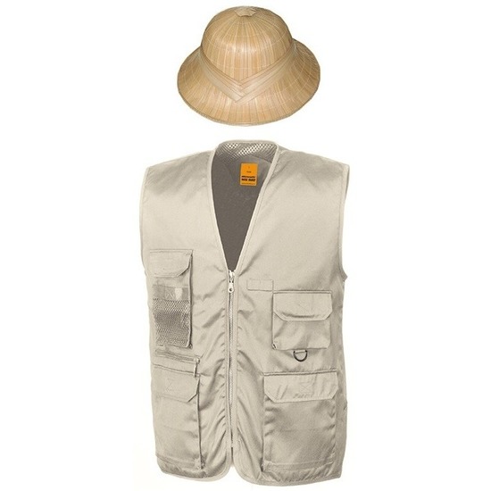 Safari/jungle verkleedset vest en hoed beige voor volwassenen