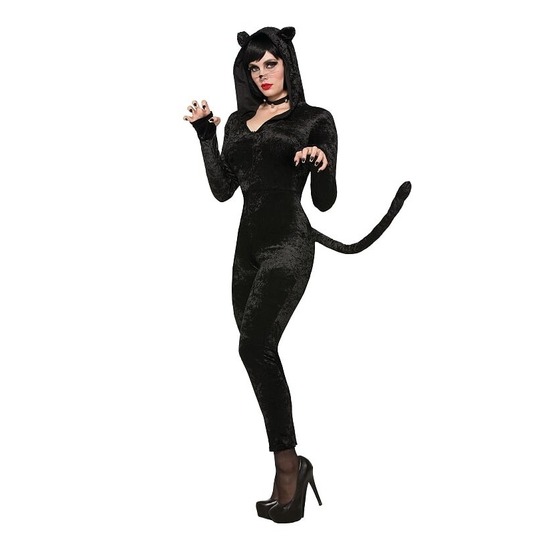 Sluwe katten/poezen velours jumpsuit kostuum zwart voor dames