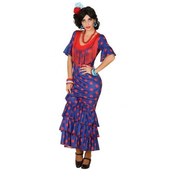 Spaanse flamencodanseres jurk blauw verkleed kostuum voor dames
