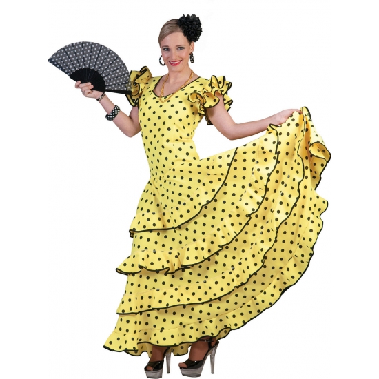Spaanse flamencojurk geel met zwarte stippen
