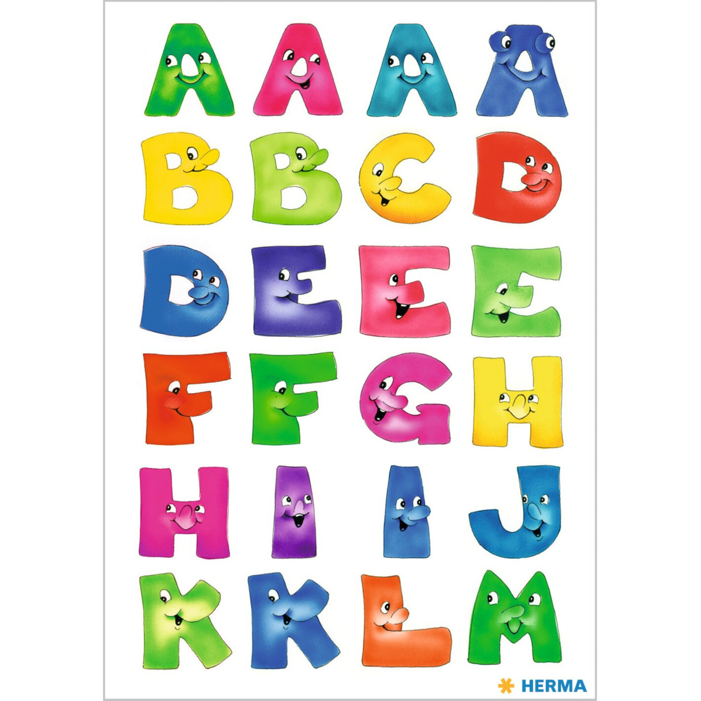 Stickervelletjes met 48x stuks plak letters A-Z gekleurde letters met gezichtjes 28 mm