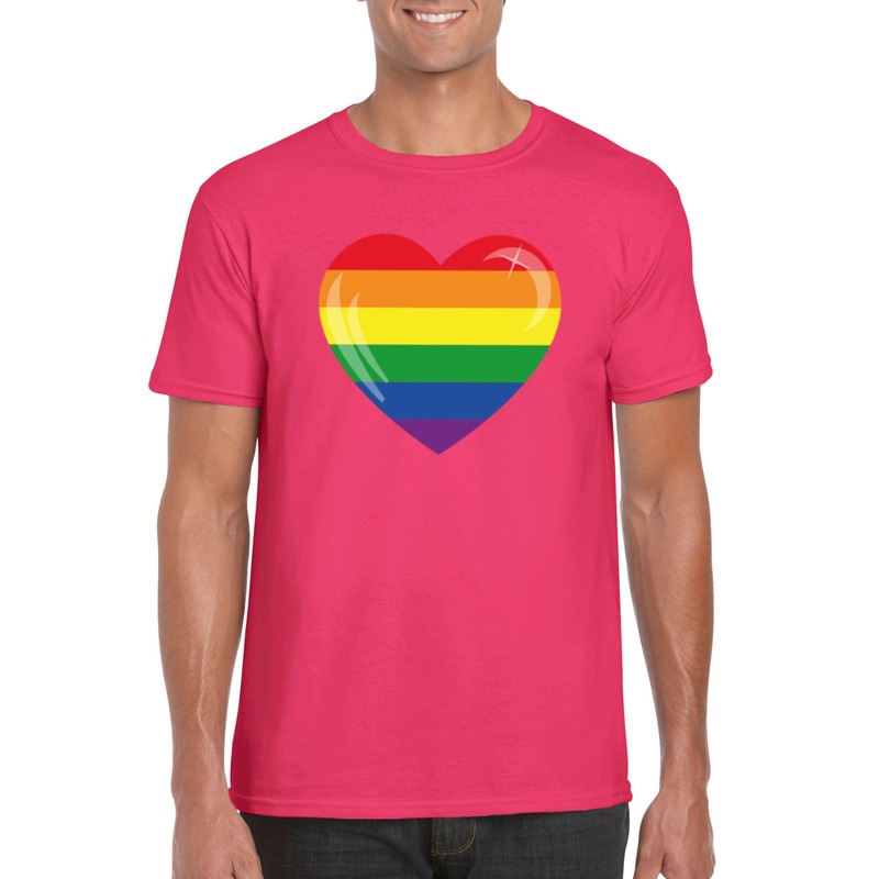 T-shirt met Regenboog vlag in hart roze heren