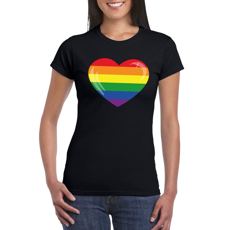 T-shirt met Regenboog vlag in hart zwart dames