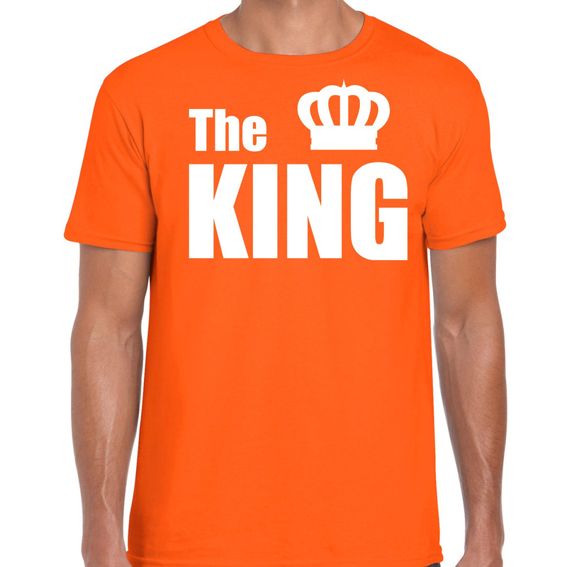 The king t-shirt oranje met witte letters en kroon voor heren