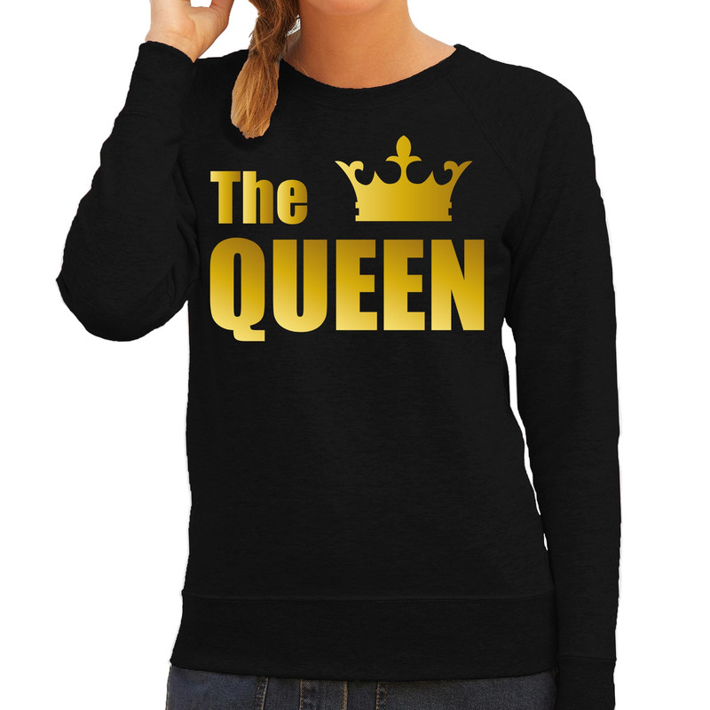 The queen sweater - trui zwart met gouden letters en kroon dames