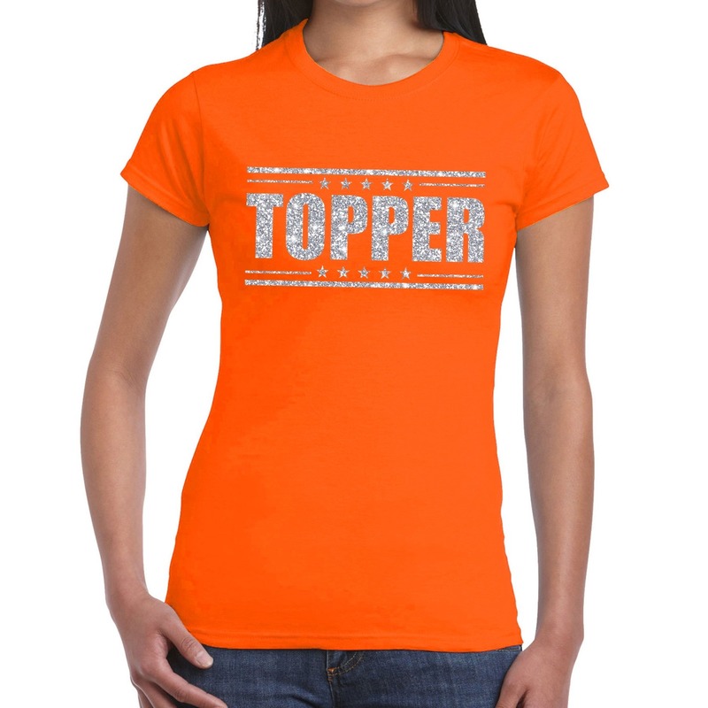 Topper t-shirt oranje met zilveren glitters dames