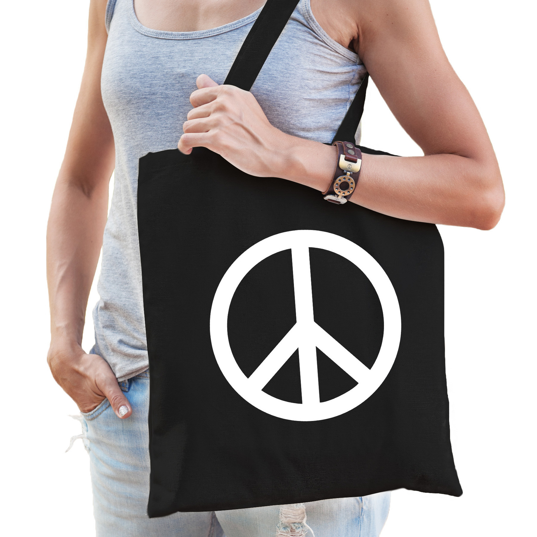 Toppers - Flower Power katoenen tas met peace teken zwart voor volwassenen