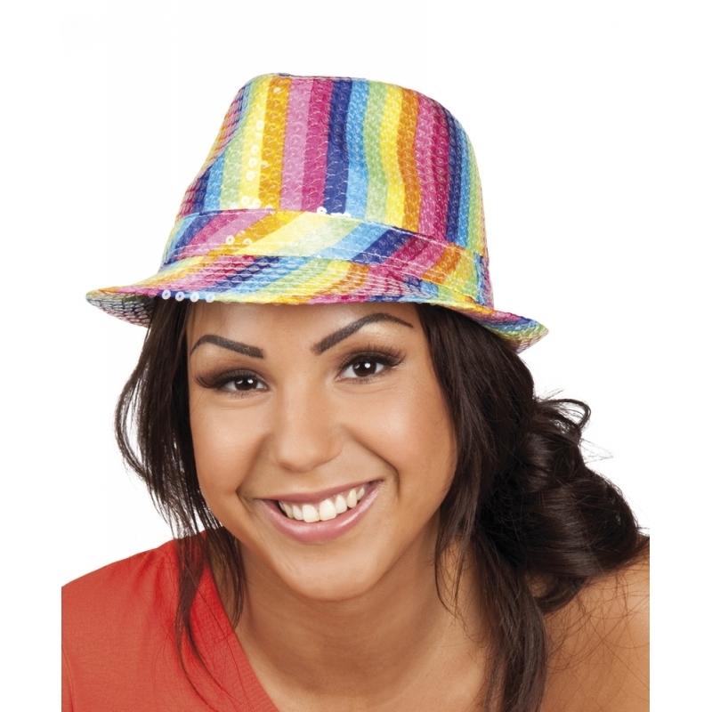 Trilby hoed met pailletten - regenboog - glitter