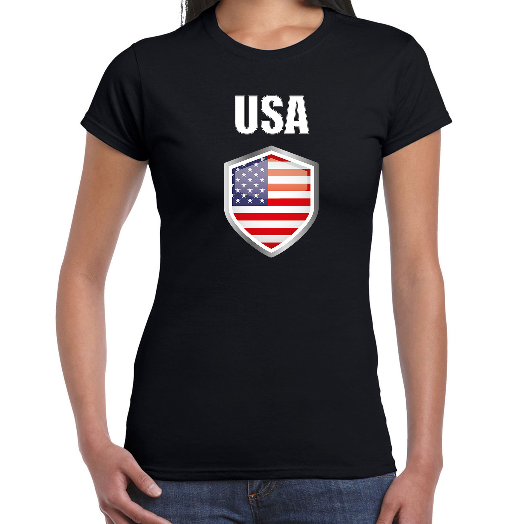 USA landen supporter t-shirt met Amerikaanse vlag schild zwart dames