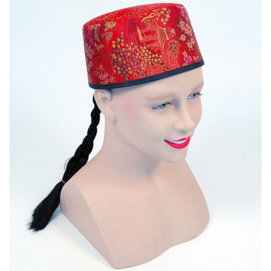 Verkleed Rood Chinees hoedje met vlecht