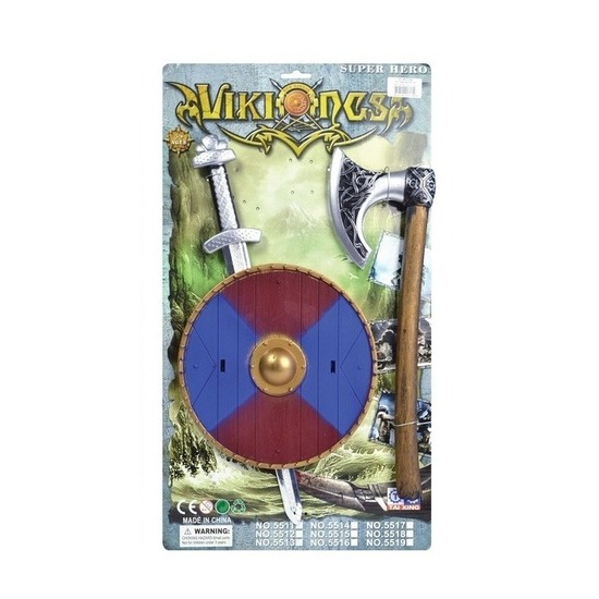 Viking zwaard met rood/blauw schild en bijl set