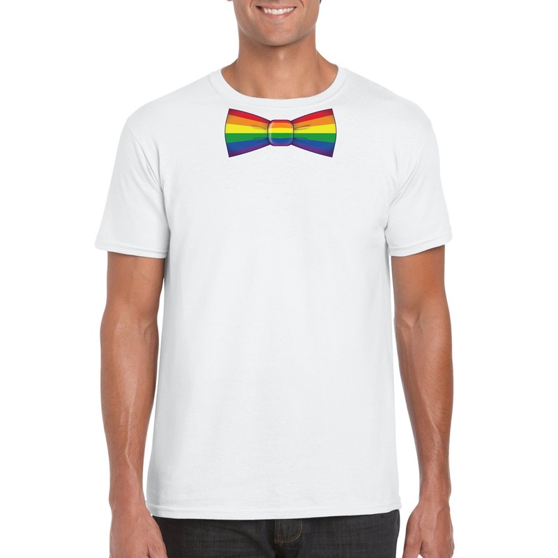 Wit t-shirt met regenboog vlag strikje heren
