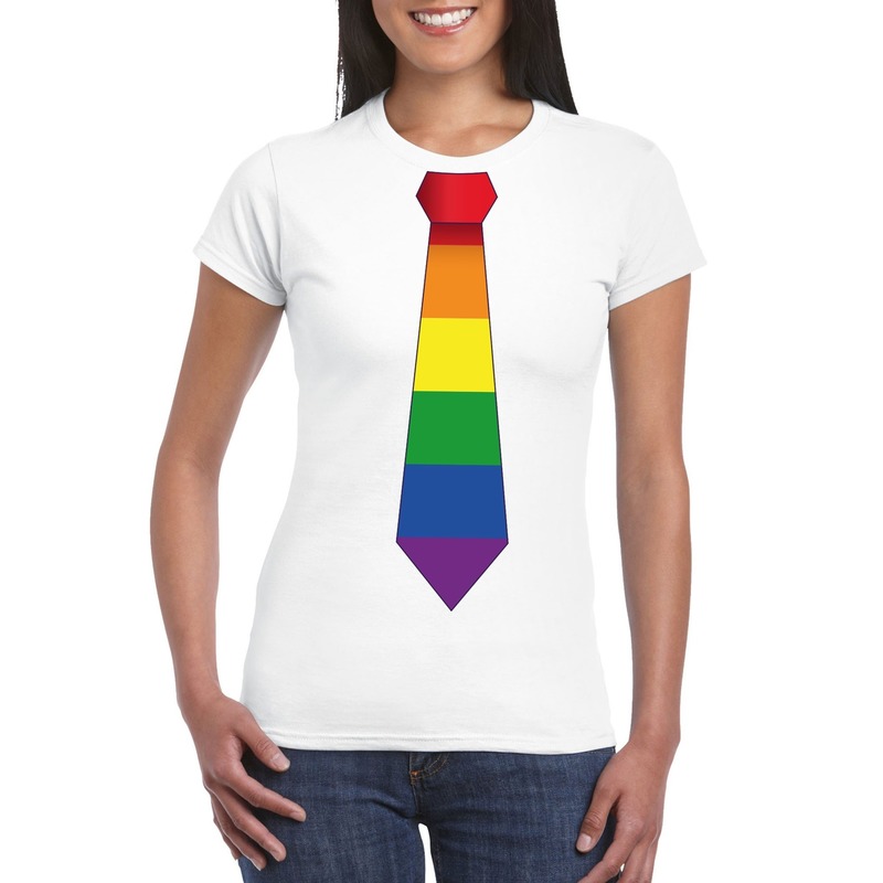 Wit t-shirt met regenboog vlag stropdas dames