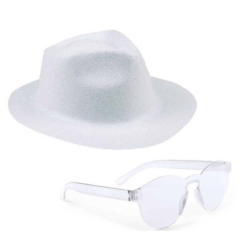 Wit trilby glitter party hoedje met transparante zonnebril