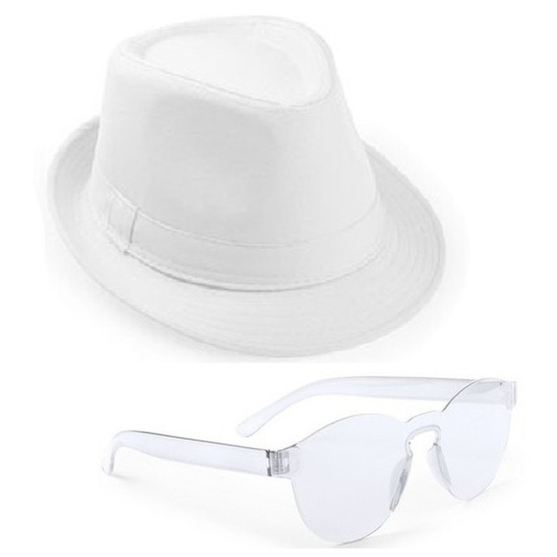 Wit trilby party hoedje met transparante zonnebril