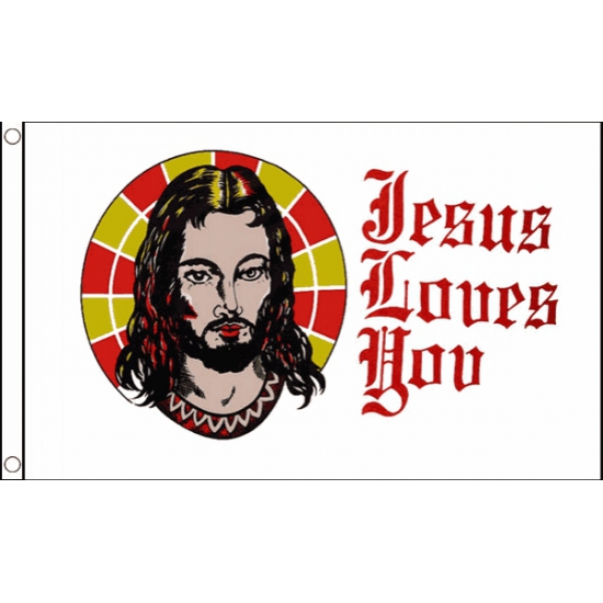 Witte vlag met Jesus Loves You tekst