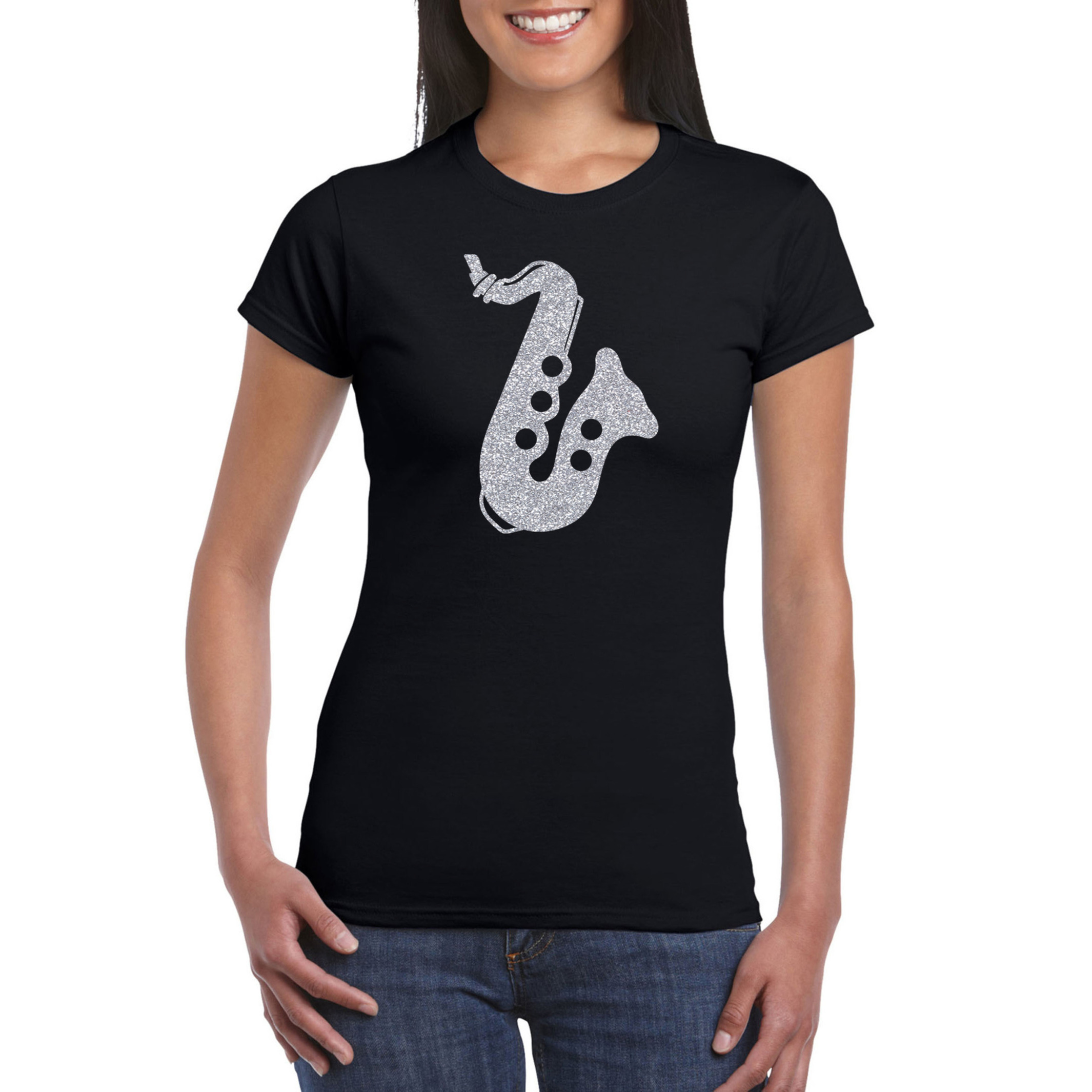 Zilveren saxofoon - muziek t-shirt - kleding zwart dames