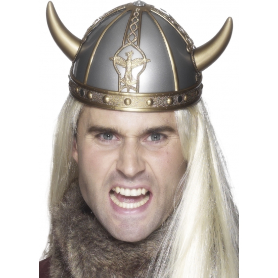 Zilveren Viking verkleed helm met gouden hoorns