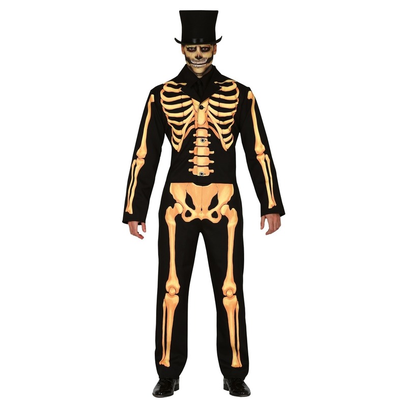 Zwart/oranje skelet verkleed kostuum voor heren