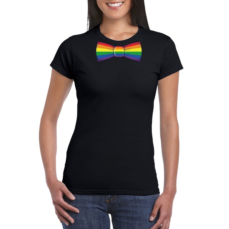 Zwart t-shirt met regenboog vlag strikje dames