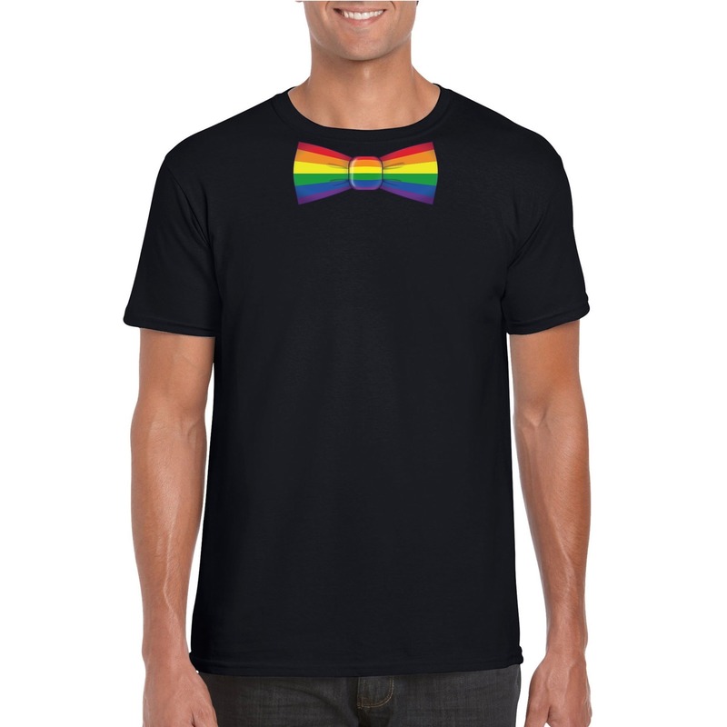 Zwart t-shirt met regenboog vlag strikje heren