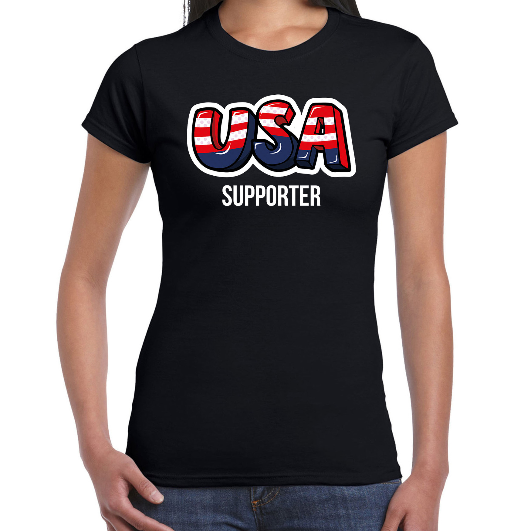 Zwart t-shirt usa / Amerika supporter EK/ WK voor dames