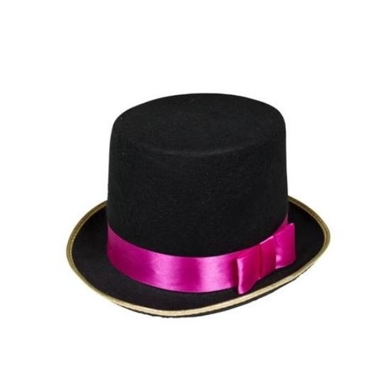 Zwarte hoge hoed met roze rand voor heren