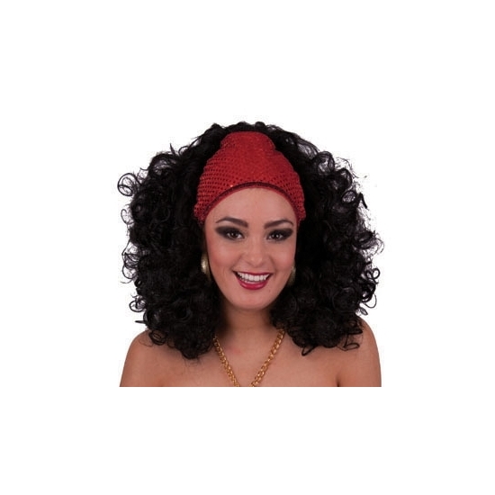 Zwarte krullen pruik met rode hoofdband glitters