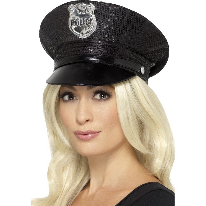 Zwarte politiepet met pailletten voor dames