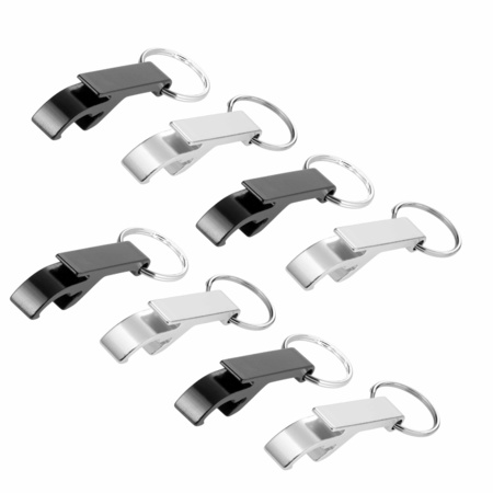 Set of 10x bottle openers keychains silver and black 6 cm
