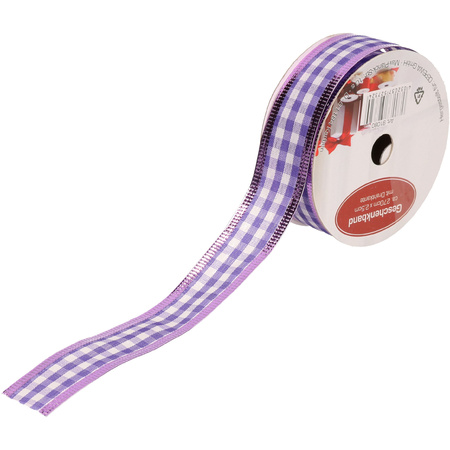 1x Hobby/decoration purple/white satin ribbon with checkers 1.2 cm/25 mm x 270 cm