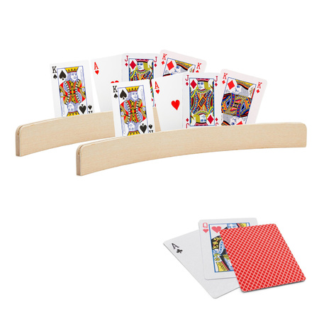 2x stuks Speelkaarthouders hout 35 cm inclusief 54 speelkaarten rood