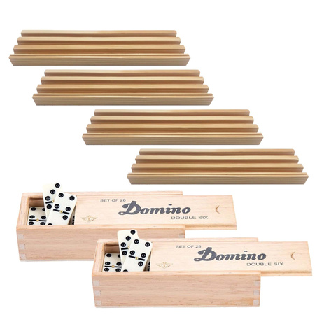 4x Dominostenenhouder met 2x domino spel in houten doos 56x stenen