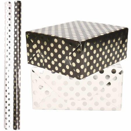 4x Rollen luxe folie inpakpapier zilveren/gouden stippen pakket - wit/zwart 200 x 70 cm