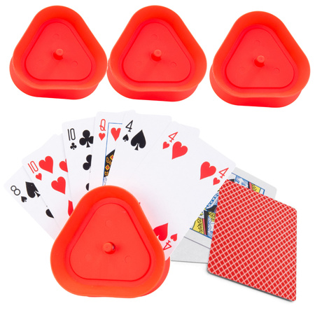 4x Speelkaartenhouders kunststof 8,6 cm inclusief 54 speelkaarten rood