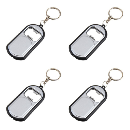 4x pieces bottle opener keychains silver with LED light