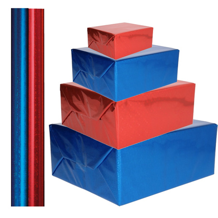 4x stuks rollen Holografische metallic hobbyfolie/cadeaupapier 70 x 150 cm rood en blauw
