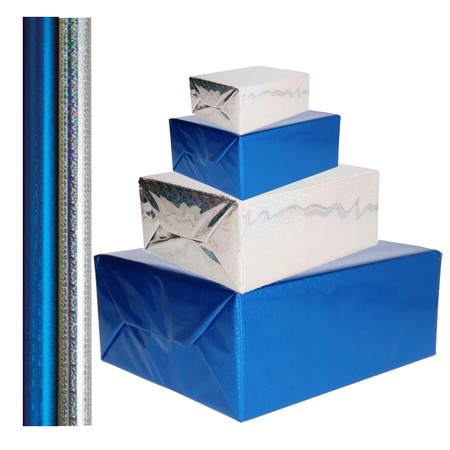 4x stuks rollen Holografische metallic hobbyfolie/cadeaupapier 70 x 150 cm zilver en blauw