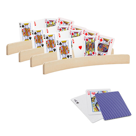 4x stuks Speelkaarthouders hout 35 cm inclusief 54 speelkaarten blauw