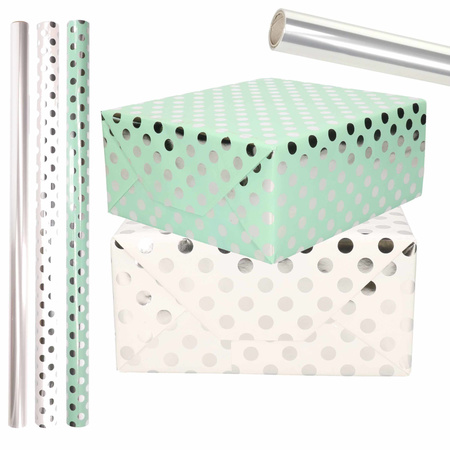 6x Rollen transparante/folie luxe inpakpapier zilveren stippen pakket - mintgroen/wit 200 x 70 cm