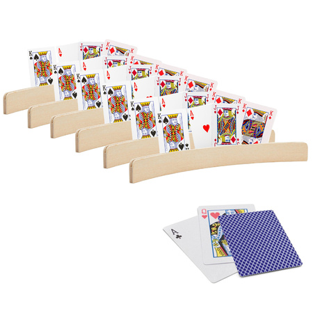 6x stuks Speelkaarthouders hout 35 cm inclusief 54 speelkaarten blauw