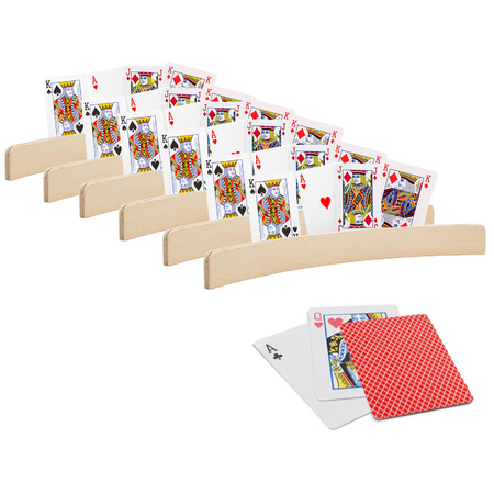 6x stuks Speelkaarthouders hout 35 cm inclusief 54 speelkaarten rood