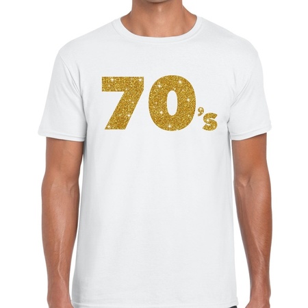 70's goud glitter tekst t-shirt wit heren